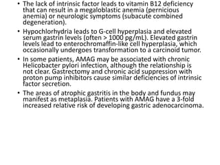 • The lack of intrinsic factor leads to vitamin B12 deficiency
that can result in a megaloblastic anemia (pernicious
anemia) or neurologic symptoms (subacute combined
degeneration).
• Hypochlorhydria leads to G-cell hyperplasia and elevated
serum gastrin levels (often > 1000 pg/mL). Elevated gastrin
levels lead to enterochromaffin-like cell hyperplasia, which
occasionally undergoes transformation to a carcinoid tumor.
• In some patients, AMAG may be associated with chronic
Helicobacter pylori infection, although the relationship is
not clear. Gastrectomy and chronic acid suppression with
proton pump inhibitors cause similar deficiencies of intrinsic
factor secretion.
• The areas of atrophic gastritis in the body and fundus may
manifest as metaplasia. Patients with AMAG have a 3-fold
increased relative risk of developing gastric adenocarcinoma.
 