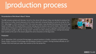 |production process
Pre production of Mrs Brown’s Boys D’ Movie
The BBC already worked with Brendan Carroll on the sitcom Mrs Brown’s Boys and decided to produce the
film version to it after Carroll obtained a £3.6 million deal with Universal Studios to write the script for the
film. Talks began in 2012 and by mid 2013. the script was ready. It was decided that because the sitcom was
based in Dublin, the film would follow a similar setting and the location was set for Dublin. When Carroll
spoke about it being set in Dublin he mentioned, “It's Dublin humour so you're going to need Dublin actors
and technicians to get it right for the big screen” and that not other setting would do. Casting had already
been sorted as the cast in the sitcom played the same characters on the big screen.
Production
On 1st September 2013, principal filming began in several locations in Dublin. Locations included Moore
Street, Dublin Institute of Technology and Wimbledon Studios in London. Filming finished officially on 25th
October 2013 and took just under two months to film the whole film.
 