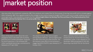 |market position
Like many other film production companies, BBC Films produces and creates films for the purpose of earning more profit and to compete against
other companies. BBC Films regularly sends its films straight to the cinema instead of straight to DVD to reach out to a wider audience and to of
course gain profit. I have decided to compare the films Johnny English Reborn by Working Title Films and Shaun of The Dead produced by Film4
Productions with the first Nativity! film in its series by BBC Films.
Shaun of the Dead is a film about the main
protagonist Shaun who deals with his family,
girlfriend and a zombie apocalypse. Produced
by Film4 Productions, it has amassed $30
million worldwide becoming a commercial hit.
Released on 9th April 2004.
The sequel to hit spy film Johnny English
starring Rowan Atkinson. Johnny English must
now deal more than just a few enemies. The
film became a box office hit and achieved a
staggering $159,270,879 It was released on 7th
October 2011.
When a primary school competes with a
private school for the best Nativity show,
competition strikes. It was released on 27th
November 2009 and grossed £5,187,402,
becoming a top British film for the family.
 
