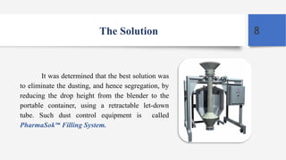 The Solution
It was determined that the best solution was
to eliminate the dusting, and hence segregation, by
reducing the drop height from the blender to the
portable container, using a retractable let-down
tube. Such dust control equipment is called
PharmaSok™ Filling System.
8
 
