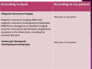 According to book According to my patient
•Magnetic Resonance Imaging
Magnetic resonance imaging (MRI) with
magnetic resonance cholangiopancreatography
(MRCP) has emerged as an excellent imaging
study for noninvasive identification of gallstones
anywhere in the biliary tract, including the
common bile duct
•Endoscopic Retrograde
Cholangiopancreatography
•Not done in my patient
•Not done in my patient
 