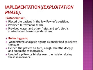 Postoperative:
 Placed the patient in the low Fowler’s position.
 Provided Intravenous fluids.
 Provided water and other fluids and soft diet is
started when bowel sounds return.
 Relieving pain:
 Administerd analgesic agents as prescribed to relieve
the pain
 Helped the patient to turn, cough, breathe deeply,
and ambulate as indicated.
 Used of a pillow or binder over the incision during
these maneuvers.
 