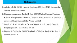 References
1. Adhikari, R. D. (2010). Nursing theories and Models, 2010. Kathmandu:
Makalu Publication House.
2. Black ,M, Joyce,. and Hawka H. Jane (2009),Medical Surgical Nursing;
Clinical Management for Positive Outcome, 8th ed, volume-1. Elesevier, a
division of Reed Eleviser India Private Limited.
3. Bland, K., I., & Buchlle, M. W., & Csendea, A. etal. (2009). General
Surgery: principle and Practice 2nd ed.
4. Brunner & Suddarths, (2008),Text Book of Medical Surgical Nursing, 11th
edition, volume 2.
 