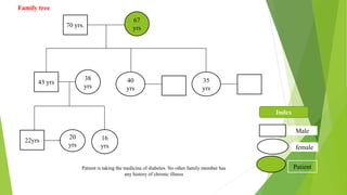 67
yrs
43 yrs 40
yrs
35
yrs
38
yrs
22yrs
20
yrs
16
yrs
70 yrs.
Family tree
Male
Patient
female
Index
Patient is taking the medicine of diabetes. No other family member has
any history of chronic illness
 