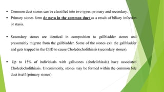  Common duct stones can be classified into two types: primary and secondary.
 Primary stones form de novo in the common duct as a result of biliary infection
or stasis.
 Secondary stones are identical in composition to gallbladder stones and
presumably migrate from the gallbladder. Some of the stones exit the gallbladder
and gets trapped in the CBD to cause Choledocholithiasis (secondary stones).
 Up to 15% of individuals with gallstones (cholelithiasis) have associated
Choledocholithiasis. Uncommonly, stones may be formed within the common bile
duct itself (primary stones)
 