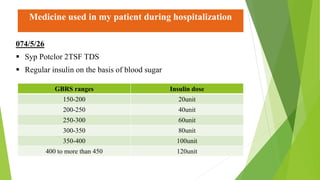 Medicine used in my patient during hospitalization
074/5/26
 Syp Potclor 2TSF TDS
 Regular insulin on the basis of blood sugar
GBRS ranges Insulin dose
150-200 20unit
200-250 40unit
250-300 60unit
300-350 80unit
350-400 100unit
400 to more than 450 120unit
 