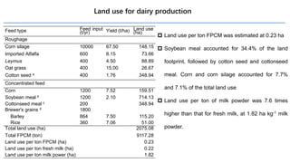 Land use for dairy production
Feed type Feed input
(t/yr) Yield (t/ha) Land use
(ha)
Roughage
Corn silage 10000 67.50 148.15
Imported Alfalfa 600 8.15 73.66
Leymus 400 4.50 88.89
Oat grass 400 15.00 26.67
Cotton seed a 400 1.76 348.94
Concentrated feed
Corn 1200 7.52 159.51
Soybean meal b 1200 2.10 714.13
Cottonseed meal c 200 348.94
Brewer's grains d 1800
Barley 864 7.50 115.20
Rice 360 7.06 51.00
Total land use (ha) 2075.08
Total FPCM (ton) 9117.28
Land use per ton FPCM (ha) 0.23
Land use per ton fresh milk (ha) 0.22
Land use per ton milk power (ha) 1.82
 Land use per ton FPCM was estimated at 0.23 ha
 Soybean meal accounted for 34.4% of the land
footprint, followed by cotton seed and cottonseed
meal. Corn and corn silage accounted for 7.7%
and 7.1% of the total land use
 Land use per ton of milk powder was 7.6 times
higher than that for fresh milk, at 1.82 ha kg-1 milk
powder.
 