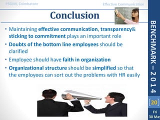 Conclusion
• Maintaining effective communication, transparency&
sticking to commitment plays an important role
• Doubts of the bottom line employees should be
clarified
• Employee should have faith in organization
• Organizational structure should be simplified so that
the employees can sort out the problems with HR easily
20
PSGIM, Coimbatore
Fri
30 May
BENCHMARK–2014
Effective Communication
 