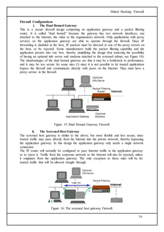 Ethical Hacking: Firewall. 
16 
Firewall Configurations 
i. The Dual Homed Gateway 
This is a secure firewall design comprising an application gateway and a packet filtering 
router. It is called “dual homed” because the gateway has two network interfaces, one 
attached to the Internet, the other to the organisation's network. Only applications with proxy 
services on the application gateway are able to operate through the firewall. Since IP 
forwarding is disabled in the host, IP packets must be directed to one of the proxy servers on 
the host, or be rejected. Some manufacturers build the packet filtering capability and the 
application proxies into one box, thereby simplifying the design (but removing the possibility 
of having an optional info server and modems attached to the screened subnet, see Figure 10). 
The disadvantages of the dual homed gateway are that it may be a bottleneck to performance, 
and it may be too secure for some sites (!) since it is not possible to let trusted applications 
bypass the firewall and communicate directly with peers on the Internet. They must have a 
proxy service in the firewall. 
Figure 15: Dual Homed Gateway Firewall. 
ii. The Screened Host Gateway 
The screened host gateway is similar to the above, but more flexible and less secure, since 
trusted traffic may pass directly from the Internet into the private network, thereby bypassing 
the application gateway. In this design the application gateway only needs a single network 
connection 
The IP router will normally be configured to pass Internet traffic to the application gateway 
or to reject it. Traffic from the corporate network to the Internet will also be rejected, unless 
it originates from the application gateway. The only exception to these rules will be for 
trusted traffic that will be allowed straight through. 
Figure 16: The screened host gateway Firewall. 
 