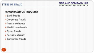  -
FRAUD BASED ON INDUSTRY
Bank frauds
Corporate frauds
Insurance frauds
Health care frauds
Cyber frauds
Securities frauds
Consumer frauds
5
TYPES OF FRAUD
 