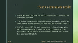 z
 This project was considered successful in identifying boundary spanners
and hidden innovators.
 The GINA project promoted knowledge sharing related to innovation and
researchers spanning multiple areas within the company and outside of it.
 GINA also enabled EMC to cultivate additional intellectual property that
led to additional research topics and provided opportunities to forge
relationships with universities for joint academic research in the fields of
Data Science and Big Data.
 