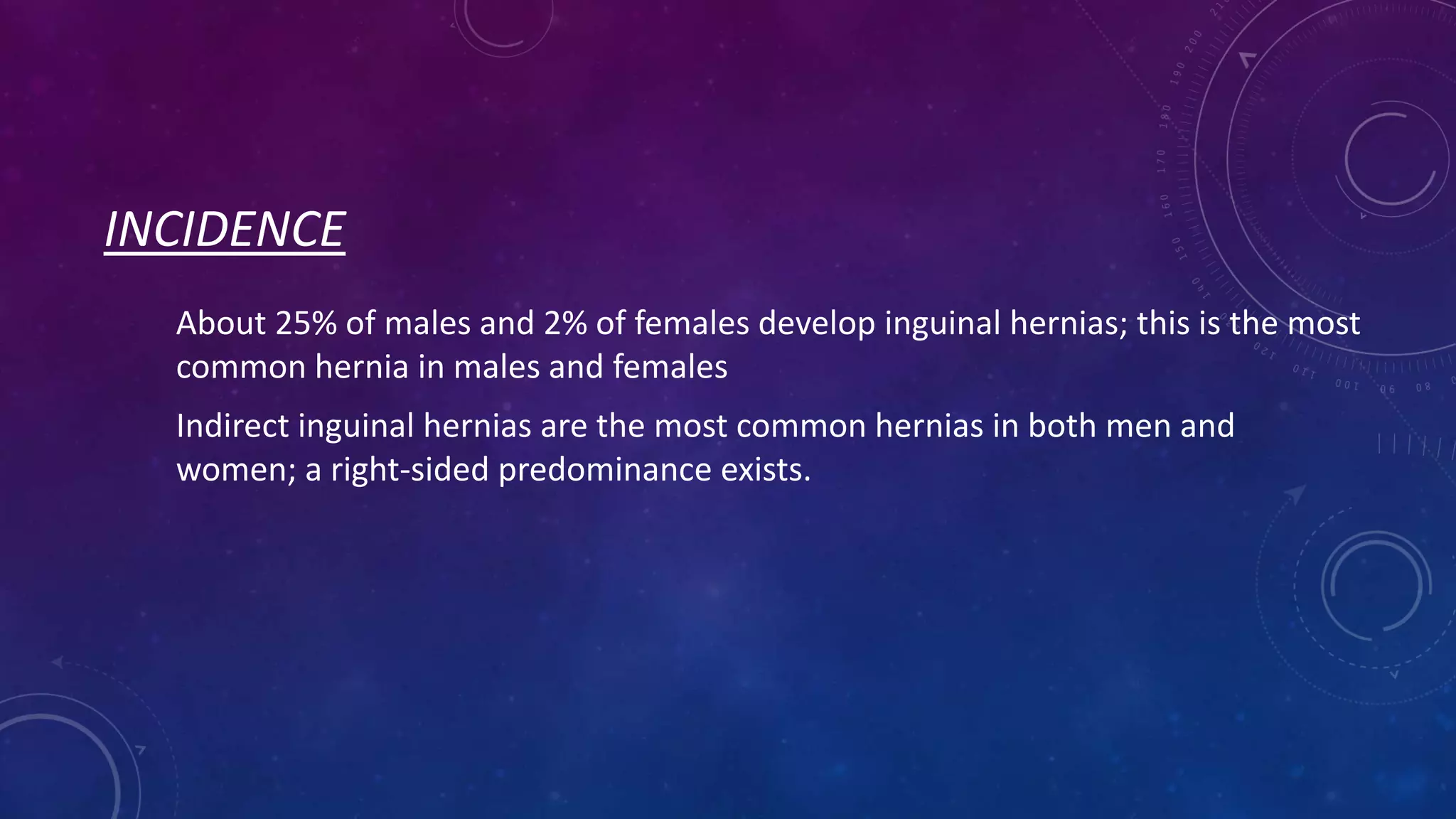 INCIDENCE
About 25% of males and 2% of females develop inguinal hernias; this is the most
common hernia in males and females
Indirect inguinal hernias are the most common hernias in both men and
women; a right-sided predominance exists.

 