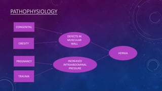 PATHOPHYSIOLOGY
CONGENITAL

OBESITY

DEFECTS IN
MUSCULAR
WALL
HERNIA

PREGNANCY

TRAUMA

INCREASED
INTRAABDOMINAL
PRESSURE

 