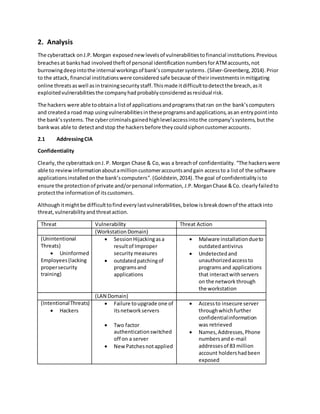 2. Analysis
The cyberattack onJ.P. Morgan exposednew levelsof vulnerabilitiestofinancial institutions.Previous
breachesat bankshad involvedtheftof personal identificationnumbersforATMaccounts,not
burrowingdeepintothe internal workingsof bank’scomputersystems.(Silver-Greenberg,2014).Prior
to the attack, financial institutionswere considered safe because of theirinvestmentsinmitigating
online threatsaswell asintrainingsecuritystaff.Thismade itdifficulttodetectthe breach,asit
exploitedvulnerabilitiesthe companyhadprobablyconsideredasresidual risk.
The hackers were able toobtaina listof applicationsandprogramsthatran onthe bank’scomputers
and createda road map usingvulnerabilitiesintheseprogramsandapplications,asan entrypointinto
the bank’ssystems.The cybercriminalsgainedhighlevelaccessintothe company’ssystems, butthe
bankwas able to detectand stop the hackersbefore theycouldsiphoncustomeraccounts.
2.1 AddressingCIA
Confidentiality
Clearly,the cyberattackonJ.P. Morgan Chase & Co,was a breachof confidentiality. “The hackerswere
able to reviewinformationaboutamillioncustomeraccountsandgain accessto a listof the software
applicationsinstalledonthe bank’scomputers”.(Goldstein,2014).The goal of confidentialityisto
ensure the protectionof private and/orpersonal information, J.P.MorganChase &Co. clearlyfailedto
protectthe informationof itscustomers.
Althoughitmightbe difficulttofindeverylastvulnerabilities,below isbreakdownof the attackinto
threat,vulnerabilityand threataction.
Threat Vulnerability Threat Action
(WorkstationDomain)
(Unintentional
Threats)
 Uninformed
Employees(lacking
propersecurity
training)
 SessionHijackingasa
resultof Improper
securitymeasures
 outdatedpatchingof
programsand
applications
 Malware installationdueto
outdatedantivirus
 Undetectedand
unauthorizedaccessto
programsand applications
that interactwithservers
on the network through
the workstation
(LAN Domain)
(IntentionalThreats)
 Hackers
 Failure toupgrade one of
itsnetworkservers
 Two factor
authenticationswitched
off on a server
 NewPatchesnotapplied
 Accessto insecure server
throughwhichfurther
confidentialinformation
was retrieved
 Names,Addresses,Phone
numbersand e-mail
addressesof 83 million
account holdershadbeen
exposed
 