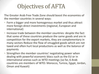 Objectives of AFTA
The Greater Arab Free Trade Zone should boost the economies of
the member countries in several ways:
• Form a bigger and more homogenous market and thus attract
more foreign direct investments (regional, European and
international)
• Increase trade between the member countries: despite the fact
that some of these countries produce the same goods and are in
competition for the export markets, they are complementary in
many sectors Reduce the flow of smuggled goods which are not
taxed and often hurt local productions as well as the balance of
payments
• Strengthen the member countries’ negotiating power when
dealing with powerful economic blocs such as the EU or in
international arenas such as WTO meetings (so far, 6 Arab
countries are members of WTO: Morocco, Tunisia, Egypt, Jordan,
Oman and Kuwait)
 