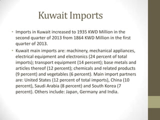 Kuwait Imports
• Imports in Kuwait increased to 1935 KWD Million in the
second quarter of 2013 from 1864 KWD Million in the first
quarter of 2013.
• Kuwait main imports are: machinery, mechanical appliances,
electrical equipment and electronics (24 percent of total
imports); transport equipment (14 percent); base metals and
articles thereof (12 percent); chemicals and related products
(9 percent) and vegetables (6 percent). Main import partners
are: United States (12 percent of total imports), China (10
percent), Saudi Arabia (8 percent) and South Korea (7
percent). Others include: Japan, Germany and India.
 