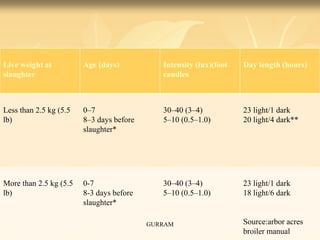 Live weight at
slaughter
Age (days) Intensity (lux)(foot
candles
Day length (hours)
Less than 2.5 kg (5.5
lb)
0–7
8–3 days before
slaughter*
30–40 (3–4)
5–10 (0.5–1.0)
23 light/1 dark
20 light/4 dark**
More than 2.5 kg (5.5
lb)
0-7
8-3 days before
slaughter*
30–40 (3–4)
5–10 (0.5–1.0)
23 light/1 dark
18 light/6 dark
Source:arbor acres
broiler manual
GURRAM
 