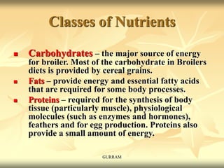 Classes of Nutrients
 Carbohydrates – the major source of energy
for broiler. Most of the carbohydrate in Broilers
diets is provided by cereal grains.
 Fats – provide energy and essential fatty acids
that are required for some body processes.
 Proteins – required for the synthesis of body
tissue (particularly muscle), physiological
molecules (such as enzymes and hormones),
feathers and for egg production. Proteins also
provide a small amount of energy.
GURRAM
 