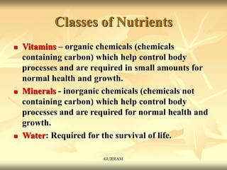 Classes of Nutrients
 Vitamins – organic chemicals (chemicals
containing carbon) which help control body
processes and are required in small amounts for
normal health and growth.
 Minerals - inorganic chemicals (chemicals not
containing carbon) which help control body
processes and are required for normal health and
growth.
 Water: Required for the survival of life.
GURRAM
 