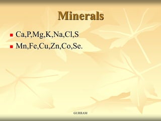 Minerals
 Ca,P,Mg,K,Na,Cl,S
 Mn,Fe,Cu,Zn,Co,Se.
GURRAM
 