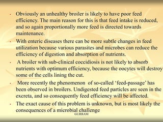 • Obviously an unhealthy broiler is likely to have poor feed
efficiency. The main reason for this is that feed intake is reduced,
and so again proportionally more feed is directed towards
maintenance.
• With enteric diseases there can be more subtle changes in feed
utilization because various parasites and microbes can reduce the
efficiency of digestion and absorption of nutrients.
• A broiler with sub-clinical coccidiosis is not likely to absorb
nutrients with optimum efficiency, because the oocytes will destroy
some of the cells lining the cut.
• More recently the phenomenon of so-called ‘feed-passage’ has
been observed in broilers. Undigested feed particles are seen in the
excreta, and so consequently feed efficiency will be affected.
• The exact cause of this problem is unknown, but is most likely the
consequences of a microbial challenge
GURRAM
 