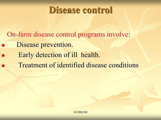 Disease control
On-farm disease control programs involve:
 Disease prevention.
 Early detection of ill health.
 Treatment of identified disease conditions
GURRAM
 