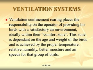 VENTILATION SYSTEMS
 Ventilation confinement rearing places the
responsibility on the operator of providing his
birds with a satisfactory air environment,
ideally within their “comfort zone”. This zone
is dependant on the age and weight of the birds
and is achieved by the proper temperature,
relative humidity, better moisture and air
speeds for that group of birds.
GURRAM
 
