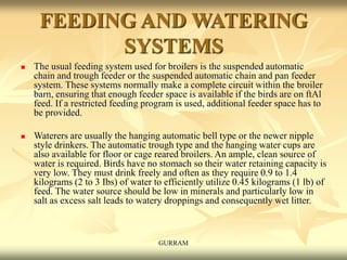FEEDING AND WATERING
SYSTEMS
 The usual feeding system used for broilers is the suspended automatic
chain and trough feeder or the suspended automatic chain and pan feeder
system. These systems normally make a complete circuit within the broiler
barn, ensuring that enough feeder space is available if the birds are on ftAl
feed. If a restricted feeding program is used, additional feeder space has to
be provided.
 Waterers are usually the hanging automatic bell type or the newer nipple
style drinkers. The automatic trough type and the hanging water cups are
also available for floor or cage reared broilers. An ample, clean source of
water is required. Birds have no stomach so their water retaining capacity is
very low. They must drink freely and often as they require 0.9 to 1.4
kilograms (2 to 3 Ibs) of water to efficiently utilize 0.45 kilograms (1 lb) of
feed. The water source should be low in minerals and particularly low in
salt as excess salt leads to watery droppings and consequently wet litter.
GURRAM
 