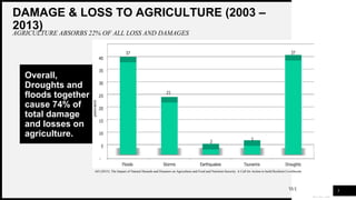 WOODGROVE
BANK
DAMAGE & LOSS TO AGRICULTURE (2003 –
2013)
AGRICULTURE ABSORBS 22% OF ALL LOSS AND DAMAGES
5
AO (2015): The Impact of Natural Hazards and Disasters on Agriculture and Food and Nutrition Security. A Call for Action to build Resilient Livelihoods
Overall,
Droughts and
floods together
cause 74% of
total damage
and losses on
agriculture.
 