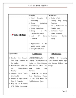 Case Study on PepsiCo
Page | 27
Strengths Weaknesses
T WS Matrix
1. Brand Promotion &
Sponsorship
2. Strong Multinational
(Brand Equity)
3. Record Market Share
4. Strong & Vast
Distribution Channels
5. Lack Of Capital
Constraints
6. Aggressiveness In The
Market (Market Leader)
7. Strong Brand Portfolio
1. Decline In Taste
2. Targeting Only Young
Customers
3. Not All Products Bear The
Company Name
4. Motivational Factor
5. Political Franchises
6. Centralized Decision
Making
Opportunities S-O Strategies W-O Strategies
1. PepsiCo New Products
Can Easily Penetrate In
The Market.
2. Noncarbonated Drinks Are
The Fastest-Growing
Industry
3. Changing Social Trends
(Fast Foods)
4. Demand Of Pepsi Is More
Than Of Competitor
5. May Tie Up Or Liaison
With Major Showrooms,
1. S1,S2,S3,O2,O3,O4:
Company Can Introduce New
Product Or Non-Carbonated
Drinks Because It Have Good
Brand Equity, Large
Resources
2. S4,O5,O3: By Having
Good Distribution Channel
Co. Can Focus Easily Fast
Food Restaurants, Clubs.
1.W2,O2: By Introducing
Non-Carbonated Drinks Pepsi
Can Capture Different Age
Groups.
 