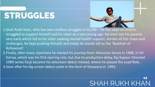 STRUGGLES
12
1.Shah Rukh khan, who has seen endless struggles in his life – he has slept on streets,
struggled to support ...