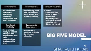 BIG FIVE MODEL
SHAHRUKH KHAN
15
EXTRAVERSION
• He describes
himself as
extremely
closeted,
introverted shy,
and reclusive....