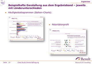 Ergebnisse

     Beispielhafte Darstellung aus dem Ergebnisband – jeweils
     mit Länderunterschieden
 ● Häufigkeitsdiagrammen (Balken-Charts)




                                         ● Polaritätenprofil




Seite 10   Case-Study Onsite-Befragung
 