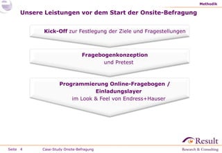 Methodik

     Unsere Leistungen vor dem Start der Onsite-Befragung


            Kick-Off zur Festlegung der Ziele und Fragestellungen



                               Fragebogenkonzeption
                                      und Pretest



                   Programmierung Online-Fragebogen /
                               Einladungslayer
                       im Look & Feel von Endress+Hauser




Seite 4    Case-Study Onsite-Befragung
 