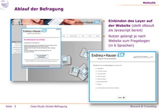 Methodik

     Ablauf der Befragung

                                         ●   Einbinden des Layer auf
                                             der Website (stellt eResult
                                             als Javascript bereit)
                                         ●   Nutzer gelangt je nach
                                             Website zum Fragebogen
                                             (in 6 Sprachen)




Seite 5    Case-Study Onsite-Befragung
 