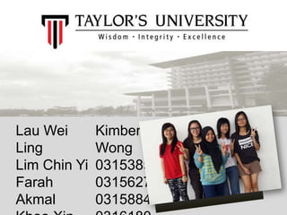 Lau Wei Ling
Lim Chin Yi
Farah Akmal
Khoo Xin Yee
Kimberly Wong

0315389
0315627
0315884
0316180
0315145

 