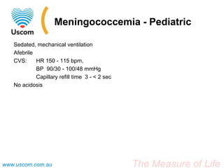 Meningococcemia - Pediatric

   Sedated, mechanical ventilation
   Afebrile
   CVS:     HR 150 - 115 bpm,
            BP 90/30 - 100/48 mmHg
            Capillary refill time 3 - < 2 sec
   No acidosis




www.uscom.com.au                                The Measure of Life
 