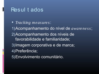 Resul t ados

 Tracking m e as ure s :
1) Acompanhamento do nível de aware ne s s ;
2) Acompanhamento dos níveis de
   favorabilidade e familiaridade;
3) Imagem corporativa e de marca;
4) Preferência;
5) Envolvimento comunitário.
 
