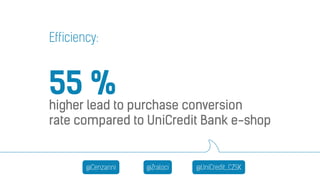 Efficiency: 
55 % 
higher lead to purchase conversion 
rate compared to UniCredit Bank e-shop 
@Cenzanni @Zraloci @UniCred...