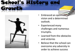 School’s History and
Growth
            • Embraced an optimistic
              vision and a determined
              outlook.
            • Experienced many
              challenges and numerous
              triumphs.
            • Learned from the obstacles
              and victories
            • Believe that the school can
              overcome any adversity in
              order to achieve success
 