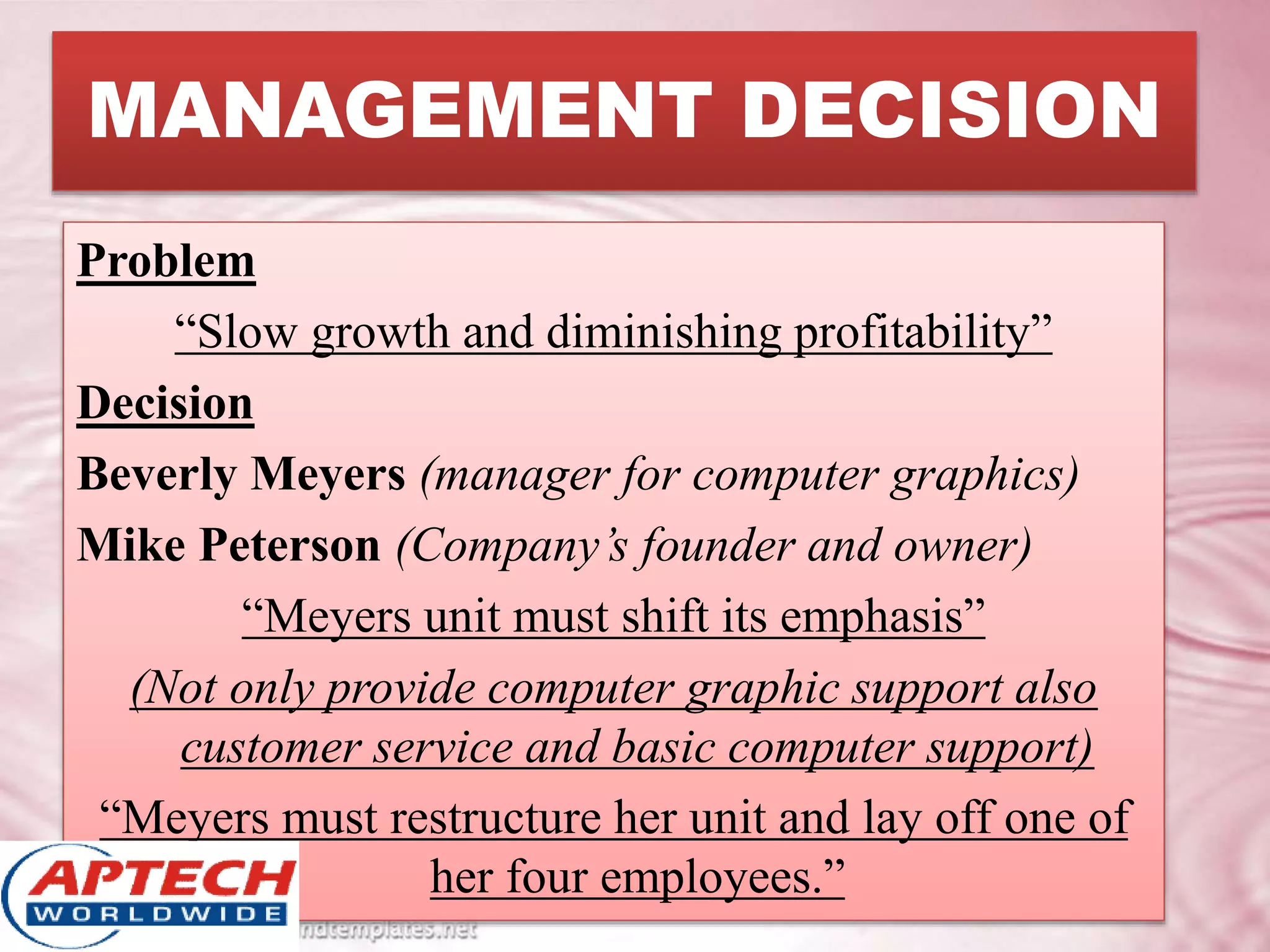MANAGEMENT DECISION
Problem
“Slow growth and diminishing profitability”
Decision
Beverly Meyers (manager for computer graphics)
Mike Peterson (Company’s founder and owner)
“Meyers unit must shift its emphasis”
(Not only provide computer graphic support also
customer service and basic computer support)
“Meyers must restructure her unit and lay off one of
her four employees.”
 