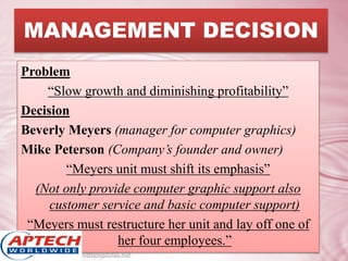 MANAGEMENT DECISION
Problem
“Slow growth and diminishing profitability”
Decision
Beverly Meyers (manager for computer graphics)
Mike Peterson (Company’s founder and owner)
“Meyers unit must shift its emphasis”
(Not only provide computer graphic support also
customer service and basic computer support)
“Meyers must restructure her unit and lay off one of
her four employees.”
 