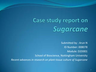 Case study report on Sugarcane Submitted by : Arun N ID Number: 008078 Module: D2D001  School of Bioscience, Nottingham University Recent advances in research on plant tissue culture of Sugarcane 1 