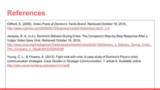References
Clifford, S. (2009). Video Prank at Domino’s Taints Brand. Retrieved October 18, 2016,
http://www.nytimes.com/2009/04/16/business/media/16dominos.html?_r=0
Jacques, B. A. (n.d.). Domino's Delivers During Crisis: The Company's Step-by-Step Response After a
Vulgar Video Goes Viral. Retrieved October 18, 2016,
http://www.prsa.org/Intelligence/TheStrategist/Articles/view/8226/102/Domino_s_Delivers_During_Crisis_
The_Company_s_Step#.WAYzQDKZOt8
Young, C. L., & Flowers, A. (2012). Fight viral with viral: A case study of Domino’s Pizza’s crisis
communication strategies. Case Studies in Strategic Communication, 1, article 6. Available online:
http://cssc.uscannenberg.org/cases/v1/v1art6
 