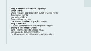 Step 4: Present Case Facts Logically
What to Do:
Share relevant background in bullet or visual form:
Timeline of events
Key stakeholders
Financial/market data
Use visuals like charts, graphs, tables.
Why It Matters:
It builds context before jumping into analysis.
Example (for Maggi Crisis):
2015 – Banned due to alleged MSG.
Sales drop by 80% in 2 months.
Nestle re-launches with massive ad campaign.
 