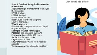 Step 5: Conduct Analytical Evaluation
What to Do:
Apply strategic frameworks to analyse
the situation:
SWOT Analysis
PESTLE Analysis
Porter’s Five Forces
Root Cause (Fishbone Diagram)
5 Whys Technique
Why It Matters:
Frameworks bring structure and depth
to your analysis.
Example (PESTLE for Maggi):
Political: Ban imposed by FSSAI
Economic: Loss of Rs. 500 crore
Social: Public trust broke
Legal: Lawsuit filed
Environmental: Waste from recalled
packets
Technological: Social media backlash
Click icon to add picture
 