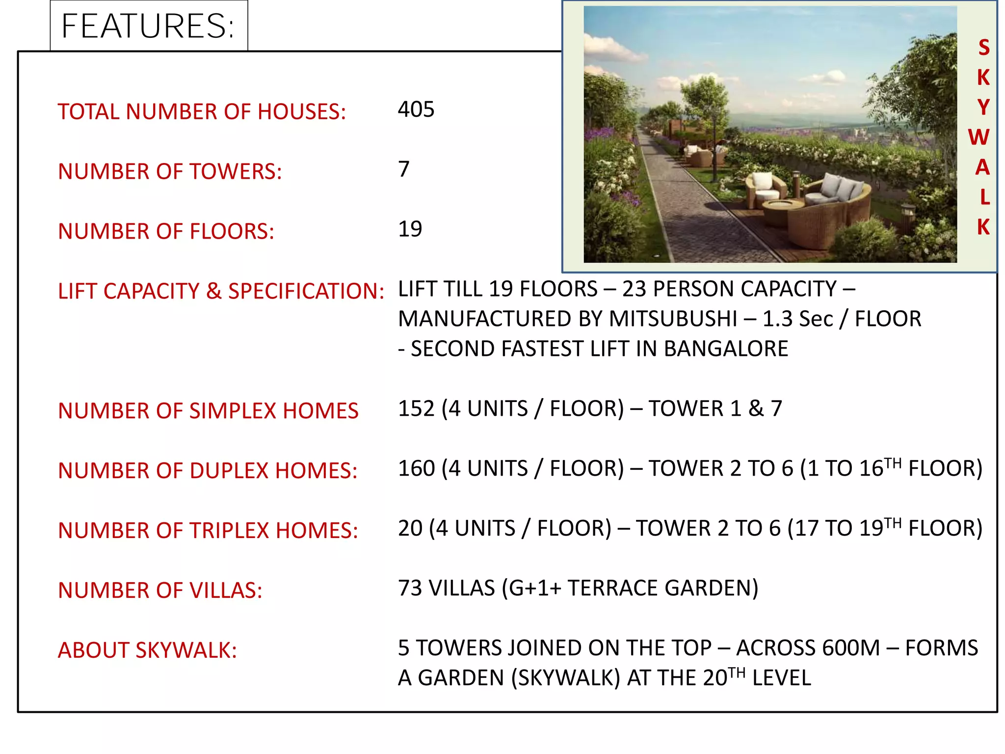 S
K
Y
W
A
L
K
FEATURES:
TOTAL NUMBER OF HOUSES:
NUMBER OF TOWERS:
NUMBER OF FLOORS:
LIFT CAPACITY & SPECIFICATION:
NUMBER OF SIMPLEX HOMES
NUMBER OF DUPLEX HOMES:
NUMBER OF TRIPLEX HOMES:
NUMBER OF VILLAS:
ABOUT SKYWALK:
405
7
19
LIFT TILL 19 FLOORS – 23 PERSON CAPACITY –
MANUFACTURED BY MITSUBUSHI – 1.3 Sec / FLOOR
- SECOND FASTEST LIFT IN BANGALORE
152 (4 UNITS / FLOOR) – TOWER 1 & 7
160 (4 UNITS / FLOOR) – TOWER 2 TO 6 (1 TO 16TH FLOOR)
20 (4 UNITS / FLOOR) – TOWER 2 TO 6 (17 TO 19TH FLOOR)
73 VILLAS (G+1+ TERRACE GARDEN)
5 TOWERS JOINED ON THE TOP – ACROSS 600M – FORMS
A GARDEN (SKYWALK) AT THE 20TH LEVEL
 