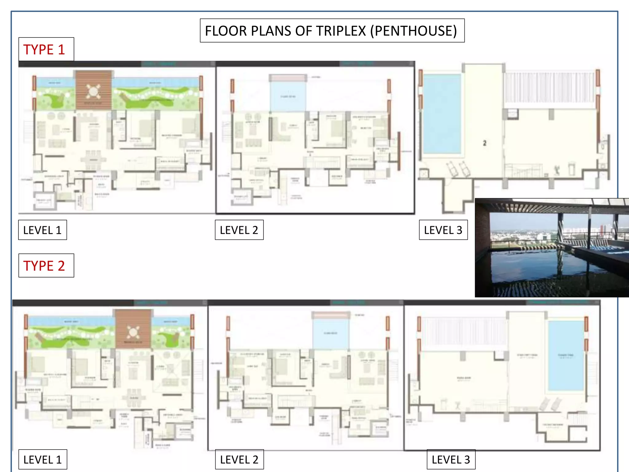 FLOOR PLANS OF TRIPLEX (PENTHOUSE)
LEVEL 1 LEVEL 2 LEVEL 3
LEVEL 1 LEVEL 2 LEVEL 3
TYPE 1
TYPE 2
 