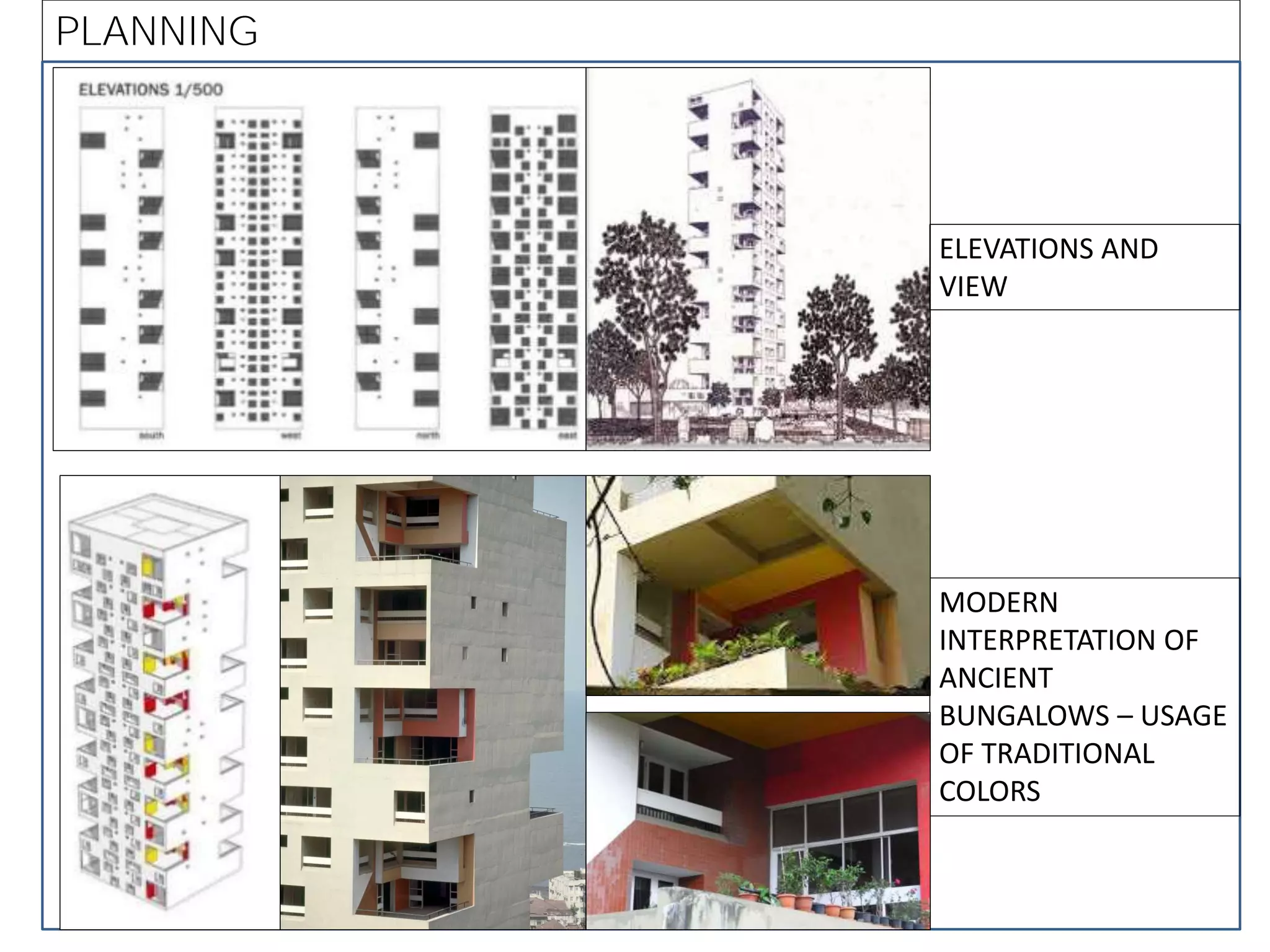 PLANNING
MODERN
INTERPRETATION OF
ANCIENT
BUNGALOWS – USAGE
OF TRADITIONAL
COLORS
ELEVATIONS AND
VIEW
 