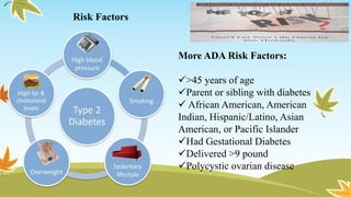 Risk Factors
More ADA Risk Factors:
>45 years of age
Parent or sibling with diabetes
 African American, American
Indian, Hispanic/Latino, Asian
American, or Pacific Islander
Had Gestational Diabetes
Delivered >9 pound
Polycystic ovarian disease
 